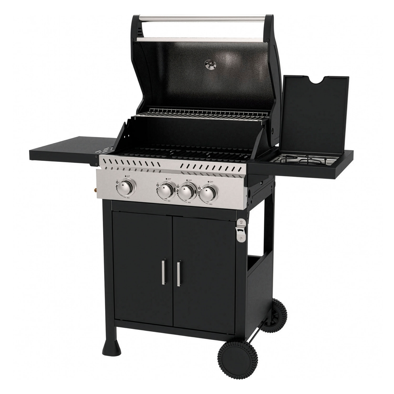 Barbacoa de gas para exteriores con 11,5 kW de potencia, compatible con butano y propano, 3 quemadores principales más 1 lateral.