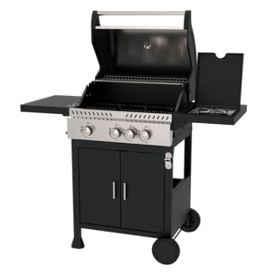 Barbacoa de gas para exteriores con 11,5 kW de potencia, compatible con butano y propano, 3 quemadores principales más 1 lateral.
