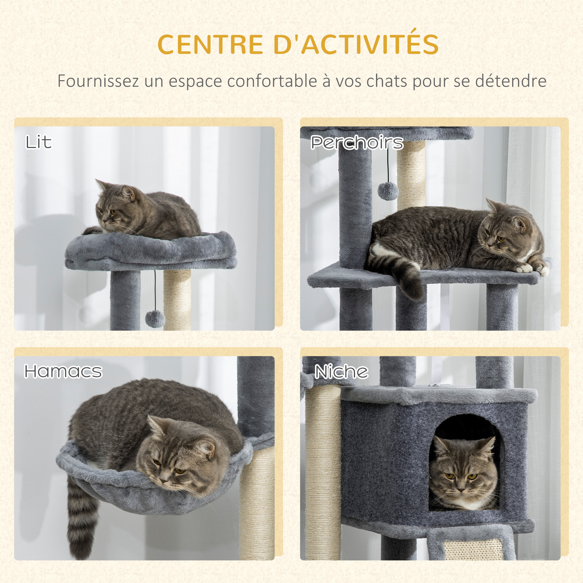 Arbre à chat multi-équipement griffoirs grattoirs plateforme niche hamac jeu boule suspendue gris