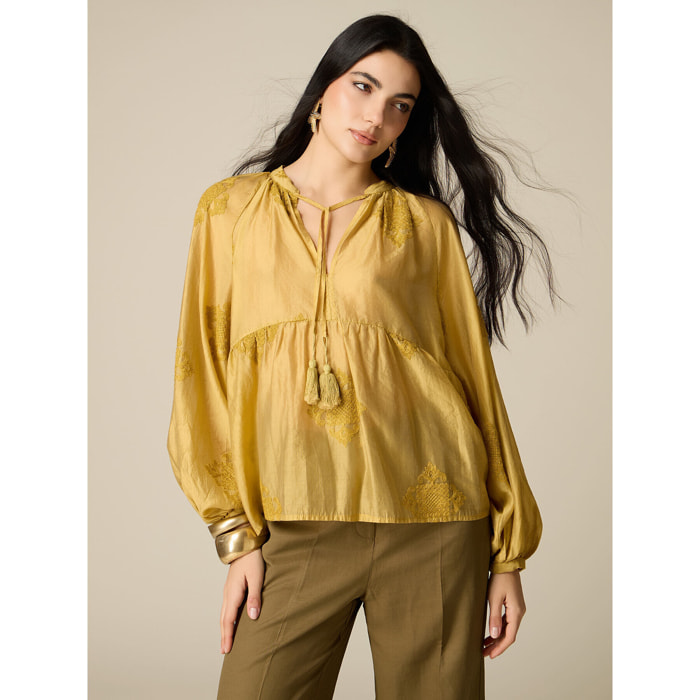 Oltre - Blusa misto lyocell con ricami - Giallo