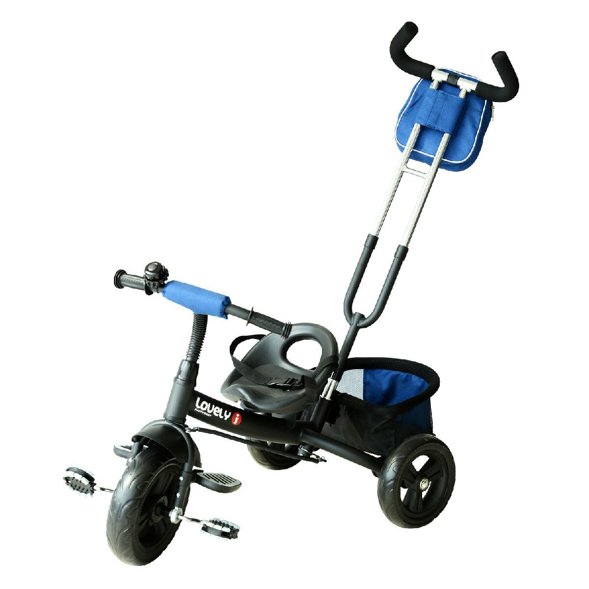 Tricycle enfants évolutif canne  et pare-soleil pliable amovible sacoche et panier 96 x 54l x 101 cm acier bleu