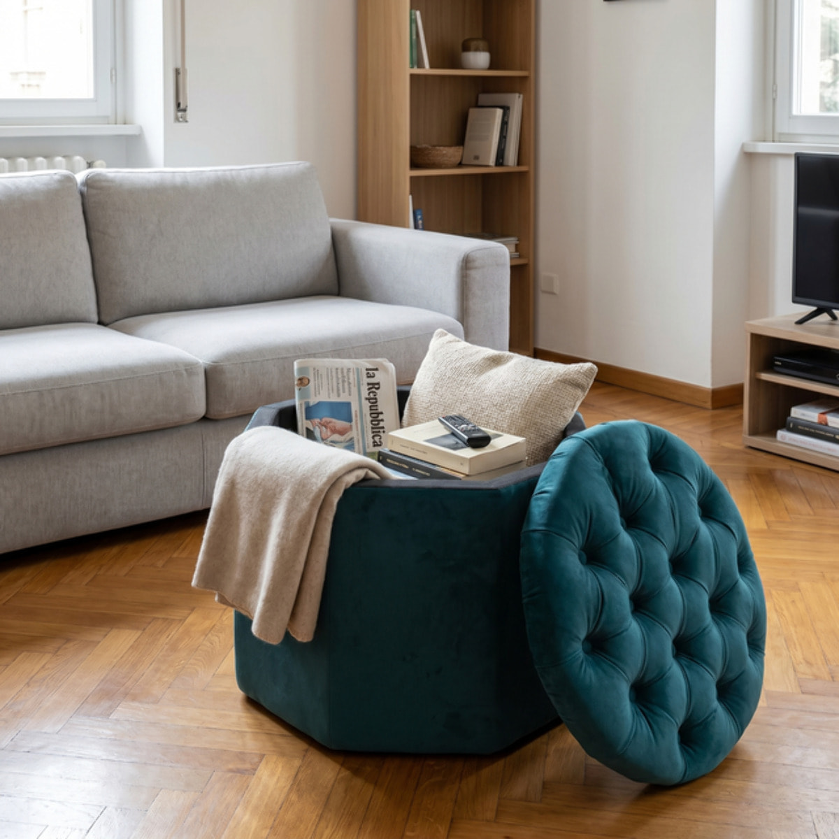 Pouf contenitore ottagonale in velluto - PETROLIO