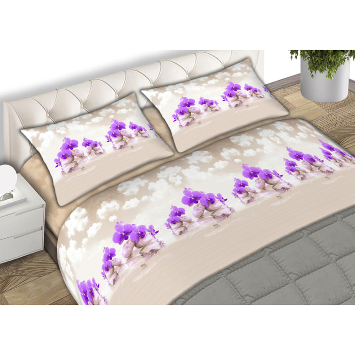 Completo Lenzuola 100% Cotone Floral Cloud Lilla CN Misura Letto Matrimoniale