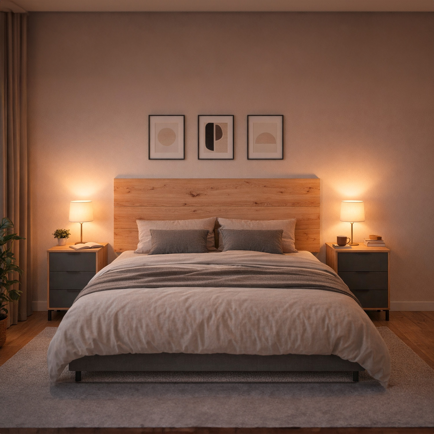 Set Testiera Letto Matrimoniale Con 2 Comodini Design Moderno Per Letti 135 E 150 cm Con Cassetti Camera Letto 60x160x2,5 Cm Rovere e Grigio Antracite