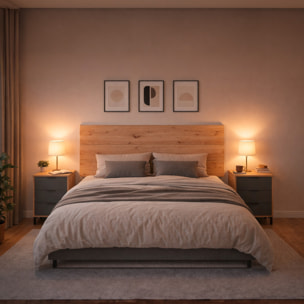 Set Testiera Letto Matrimoniale Con 2 Comodini Design Moderno Per Letti 135 E 150 cm Con Cassetti Camera Letto 60x160x2,5 Cm Rovere e Grigio Antracite