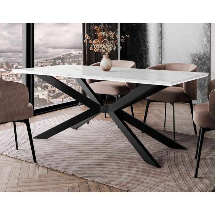 Casey - table à manger - plateau effet marbre - pieds en métal - 4 à 8 personnes - Blanc / Noir