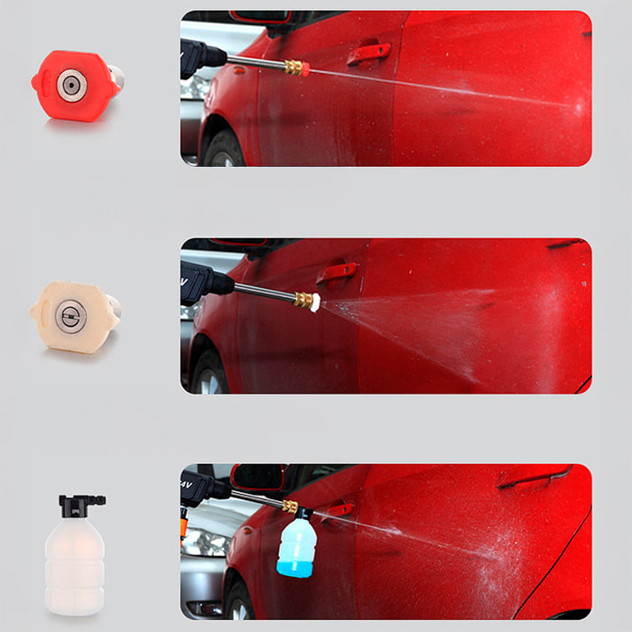 Pistola de lavado a presión con DOBLE BATERIA extraíble de 13000 mAh y 3 adaptadores de lavado diferentes. 180W y 10 bares de presión.