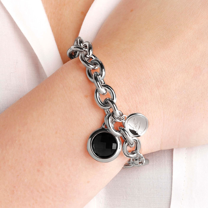 Bracciale White Catena Rolo con Ciondolo in Onice Nero Sfaccettato