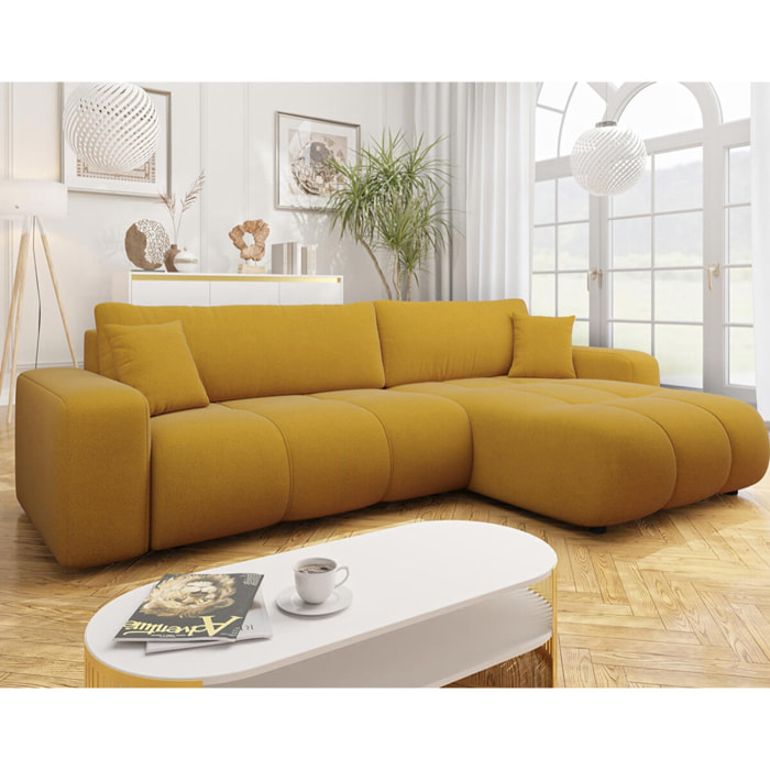 Nicole - Canapé d'angle réversible 5 places convertible avec coffre en tissu - Jaune
