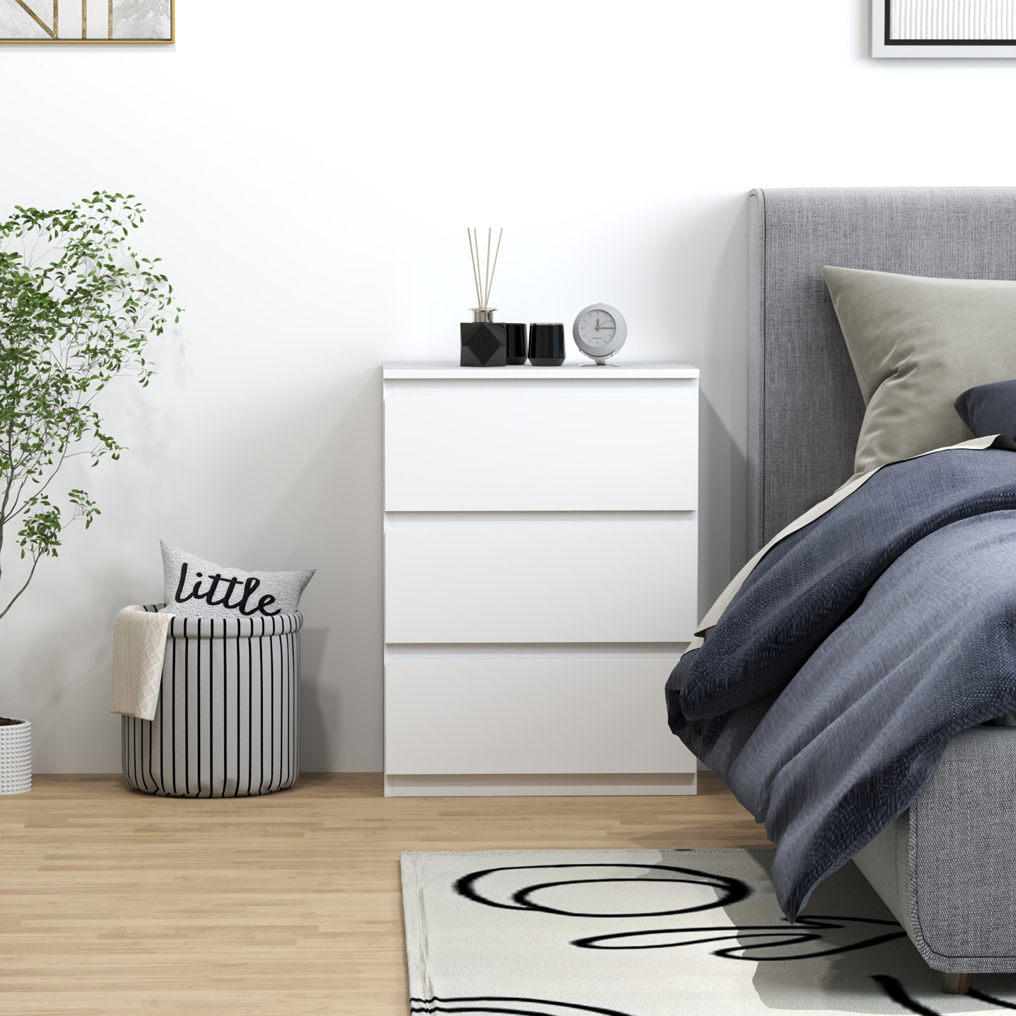 Cómoda con 3 Cajones Cómoda de Dormitorio Moderno con Diseño Anti-vuelco Cajonera para Salón Pasillo 55x34x75 cm Blanco Brillo