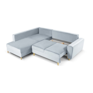 Canapé d'angle gauche convertible avec coffre de rangement "Kyoto" 5 places en velours bleu clair