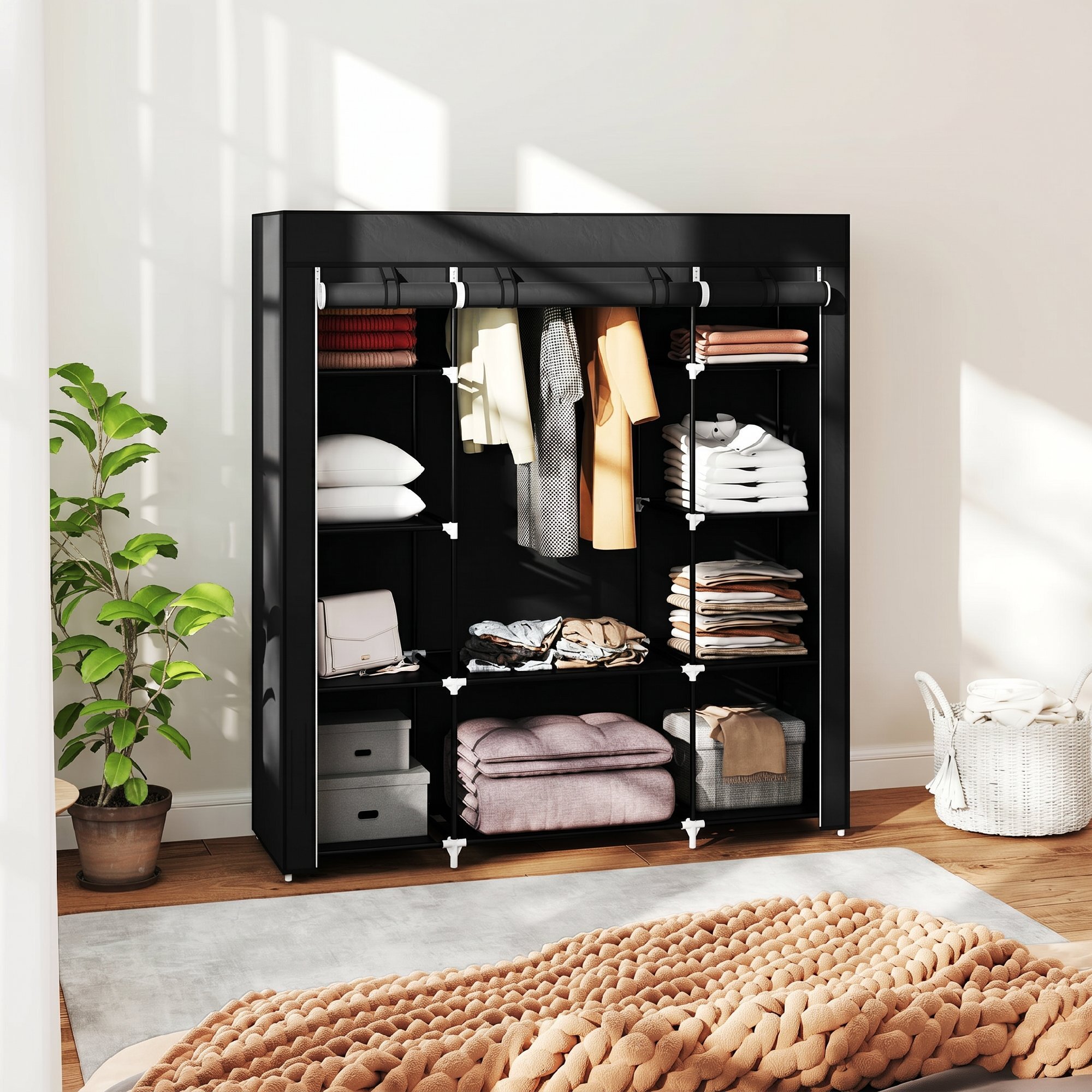 HOMCOM Armario de Tela, Armario Ropero con Barra para Colgar, 10 Estantes Abiertos, Cremallera, Cubierta y Marco Acero, Fácil Montaje para Dormitorio, Espacio Pequeño, Vestidor, 150x43x162,5 cm, Negro