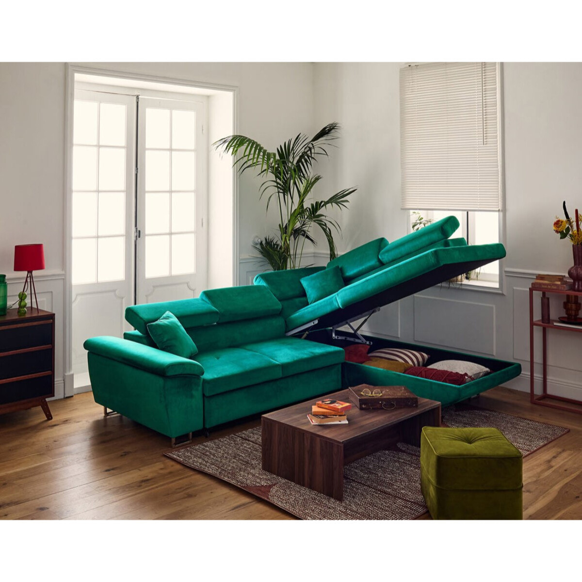 Dimas - canapé d'angle droit 5 places - convertible avec coffre et têtières réglables - en velours - Vert