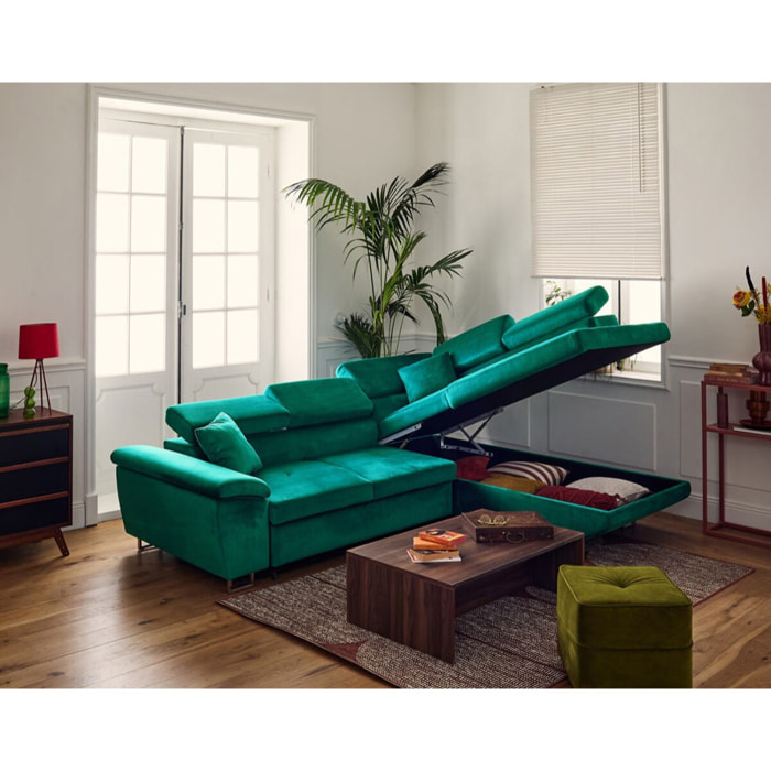 Dimas - canapé d'angle droit 5 places - convertible avec coffre et têtières réglables - en velours - Vert