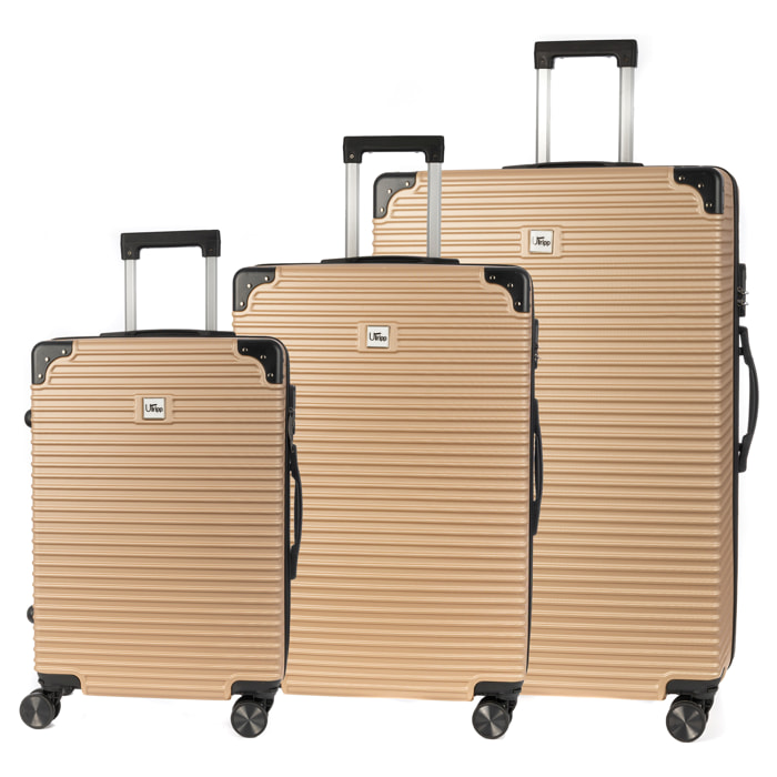 DAM Set di 3 valigie Trolley, realizzato in materiale leggero ABS ad alta resistenza con angoli rinforzati. Chiusura numerica e 4 ruote doppie rimovibili e girevoli a 360°. 54x32x80 Cm. Colore: Oro