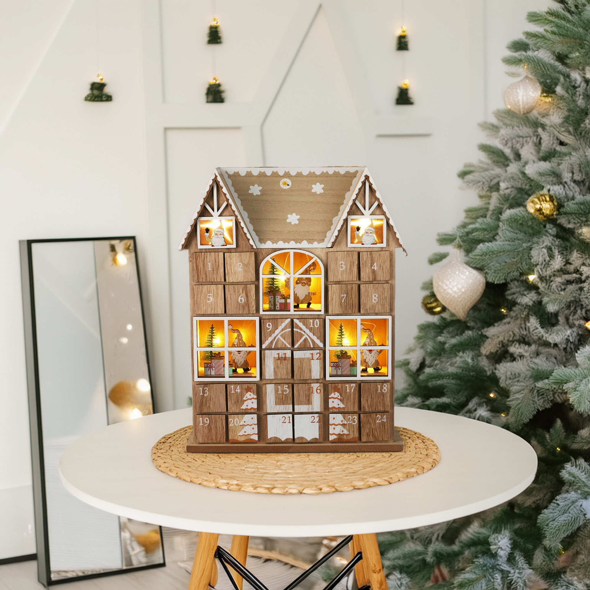 calendario de adviento led de madera contrachapada con juego de cajas y luces