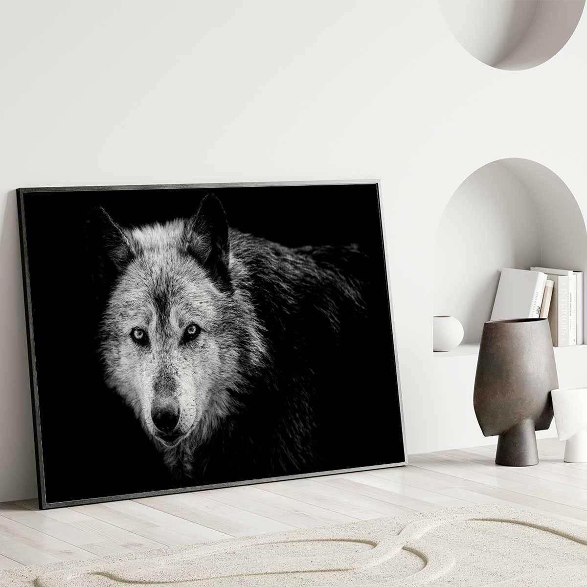 Affiche encadrée lion noir et blanc au regard bleu Affiche + cadre en métal - Noir