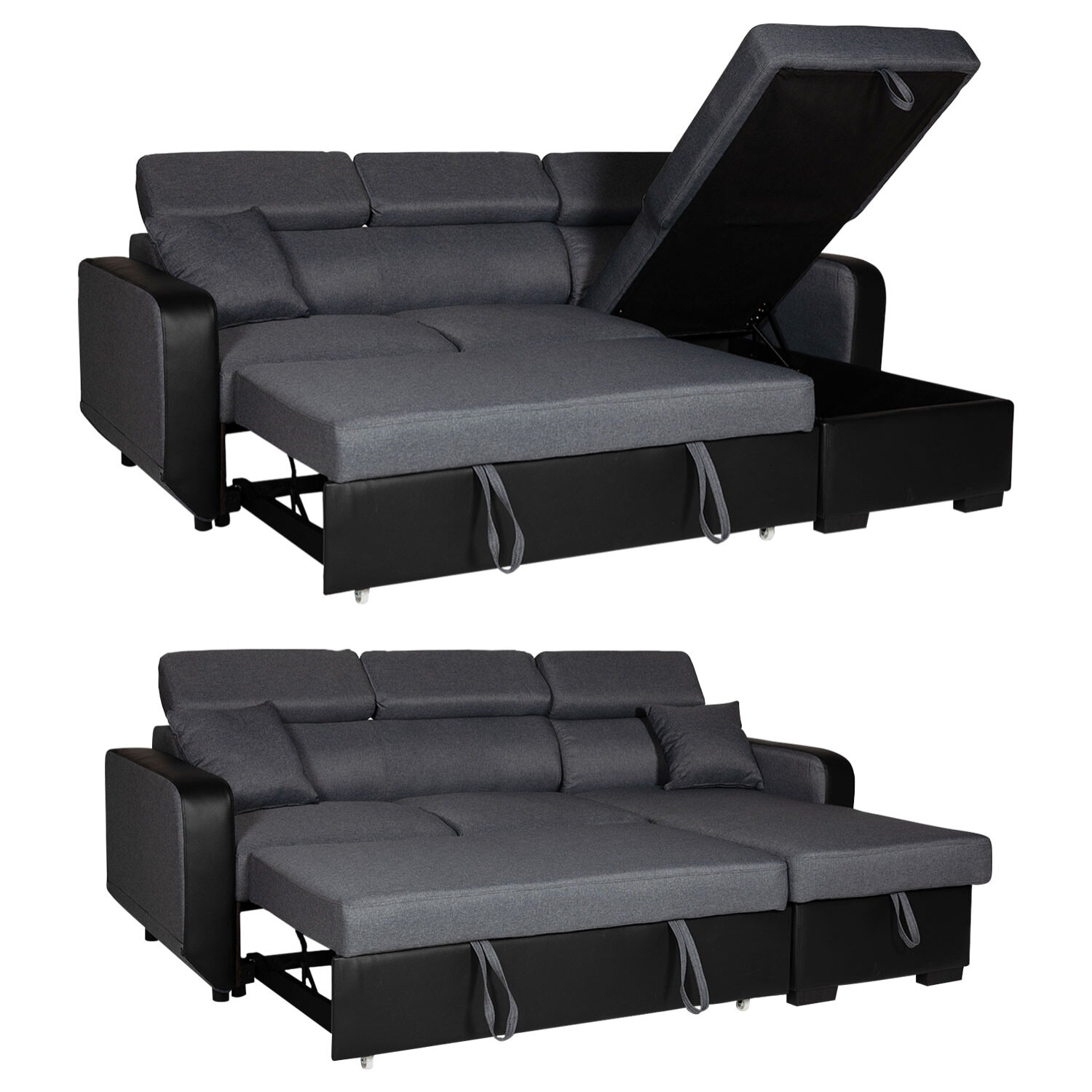 Canapé d'angle convertible WARREN 3 places gris chiné et noir