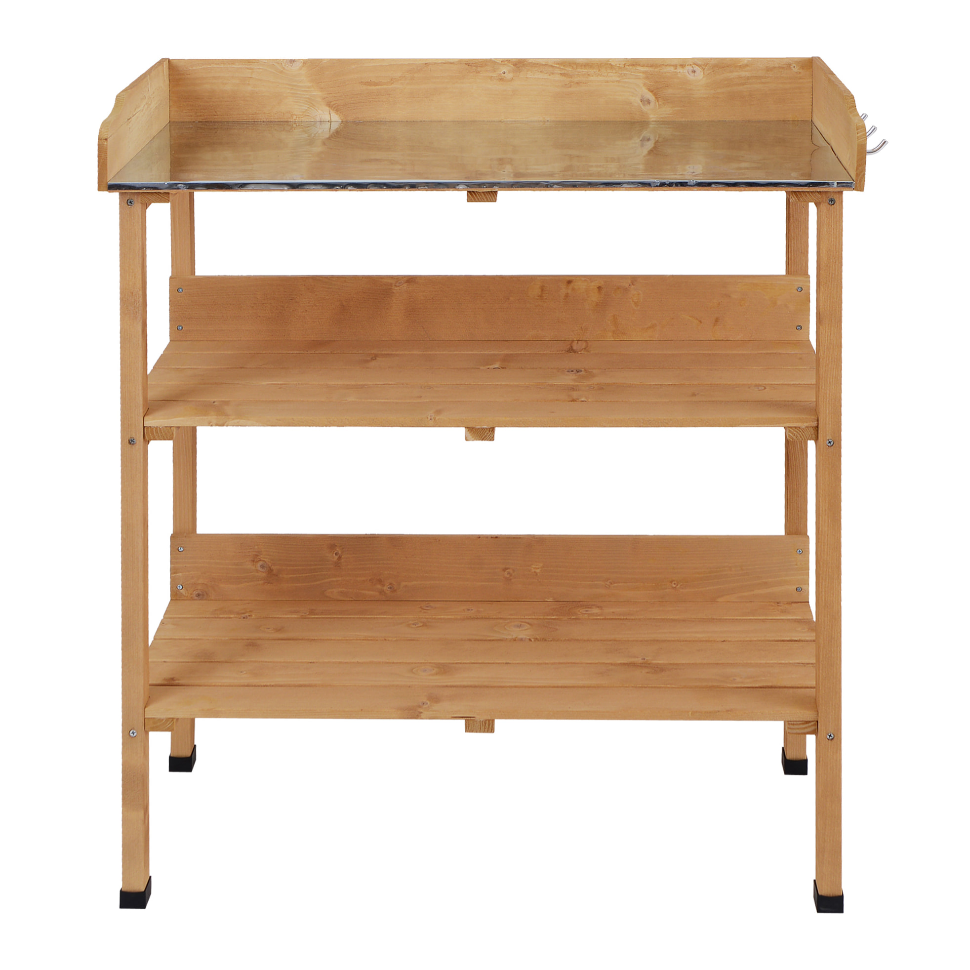 Table de rempotage jardinage - 2 étagères 3 crochets outils plateau tôle acier galvanisé avec rebord - bois sapin pré-huilé