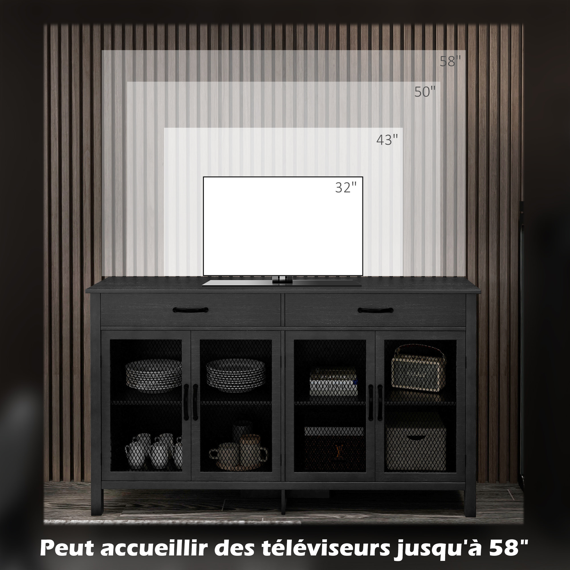 Buffet design industriel - 4 portes, 2 étagères réglables, 2 tiroirs - panneaux façades grillagées poignées métal noir