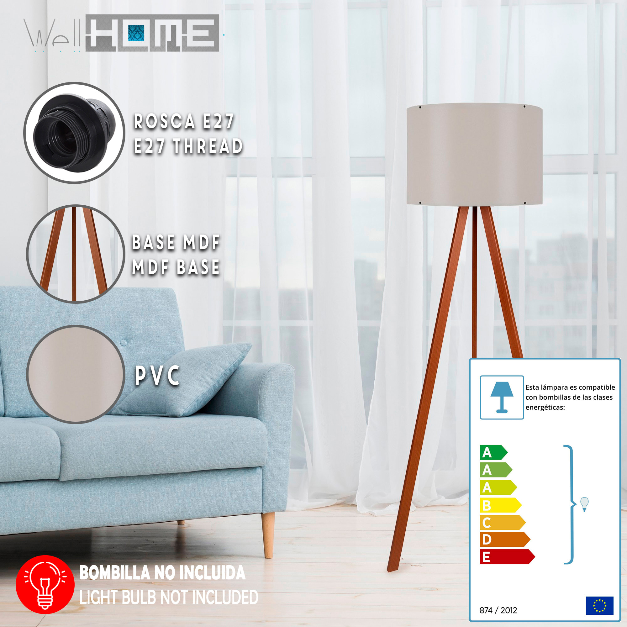 Lámpara de pie 115 cm. beige/marrón, tipo E 27_x000D_
Max 60 W (Bombilla Incandescente)_x000D_
Max 20 - 25 W (Bombilla de Bajo Consumo)_x000D_
Max 9 - 15 W (Bombilla LED)