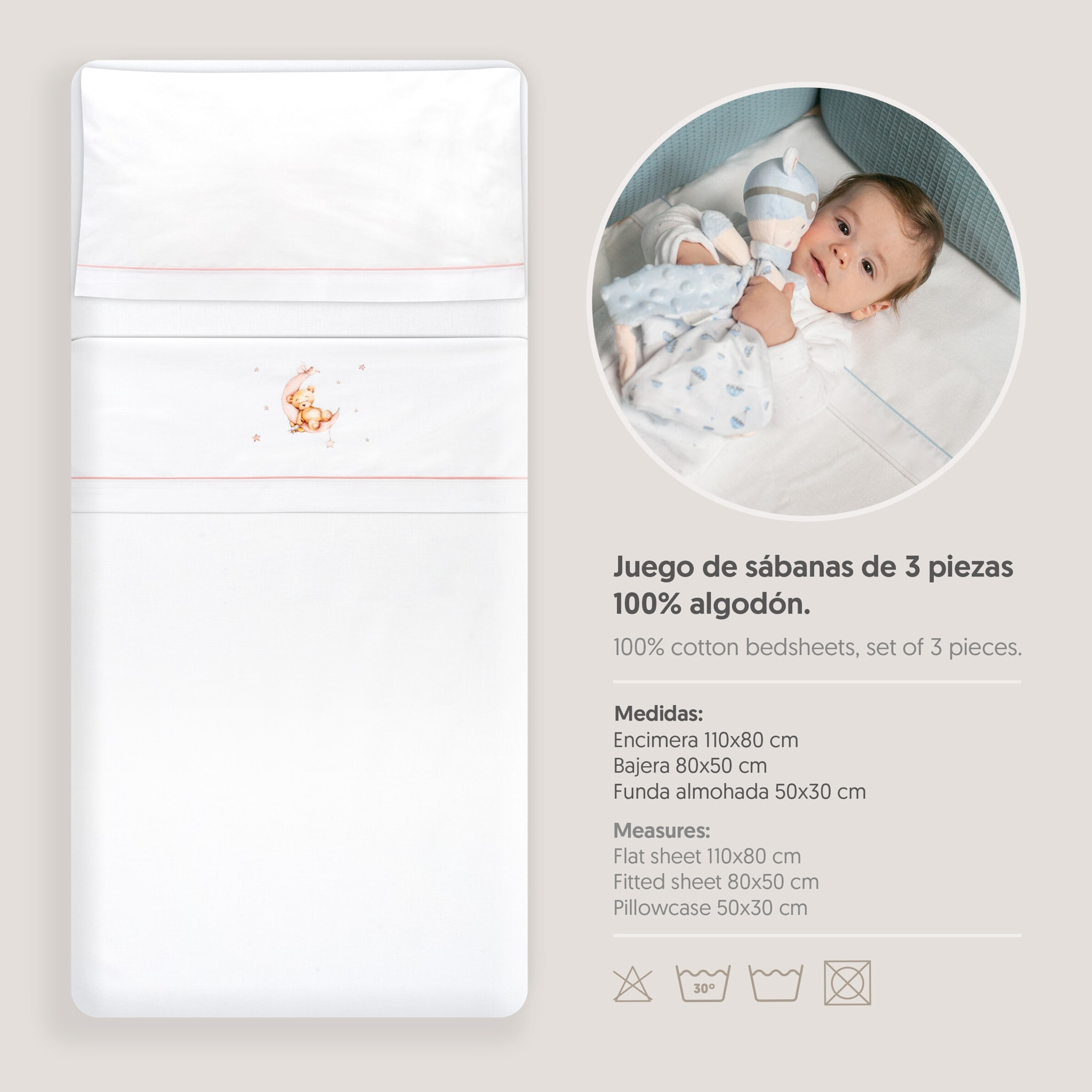 Triptico Coche Estampado Oso Luna Estrellas Bco/Rosa