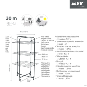 Etendoir Tour 3 Niveaux 30M Acier Blanc avec panier MSV