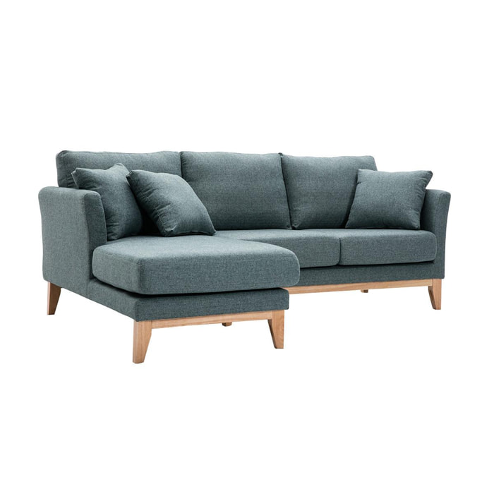 Canapé d'angle gauche déhoussable scandinave en tissu vert de gris et bois clair 3-4 places OSLO