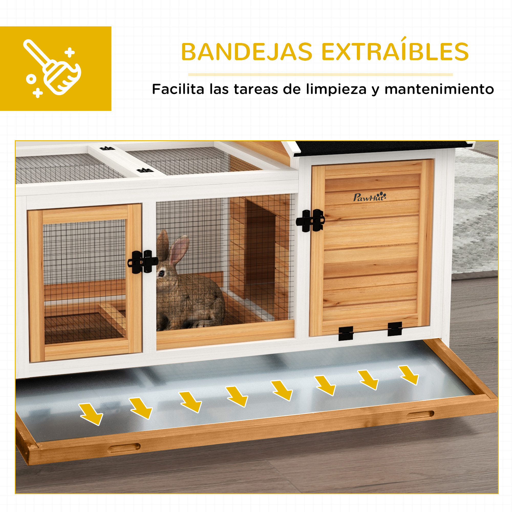 Conejera de Madera con Ruedas Jaula para Conejos con Techo Abatible y Bandeja Extraíble Conejera para Interior y Exterior 108x58x73,5 cm Natural