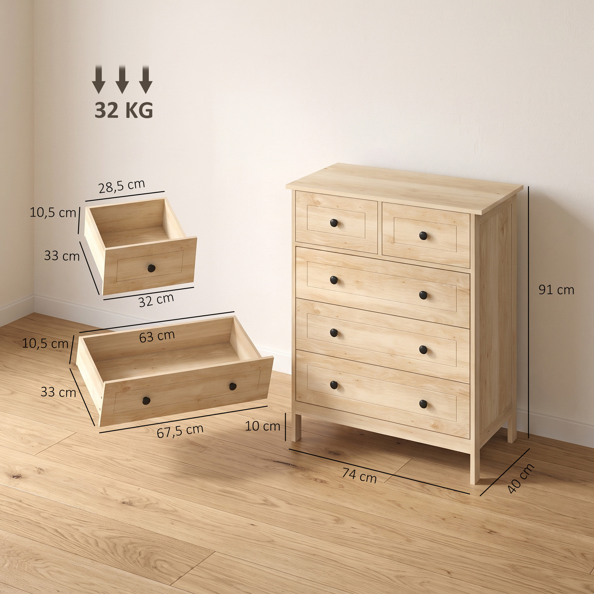 Commode 5 tiroirs style contemporain poignées boutons métal noir MDF panneaux naturel