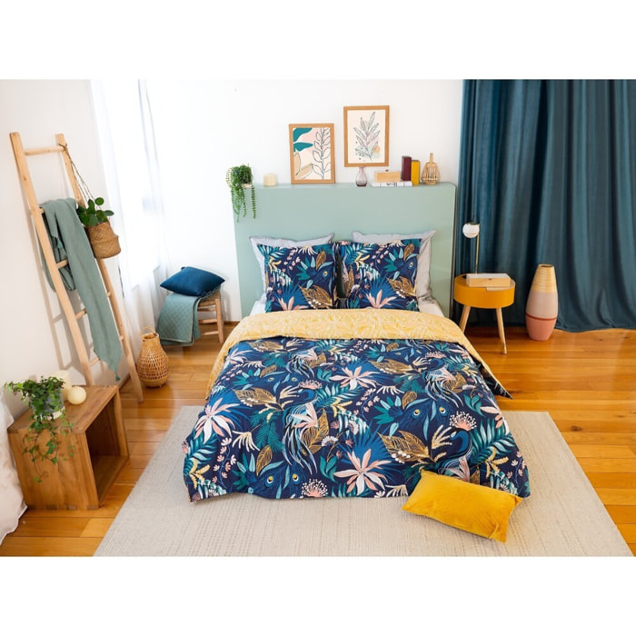 Parure housse de couette coton bleu fonce