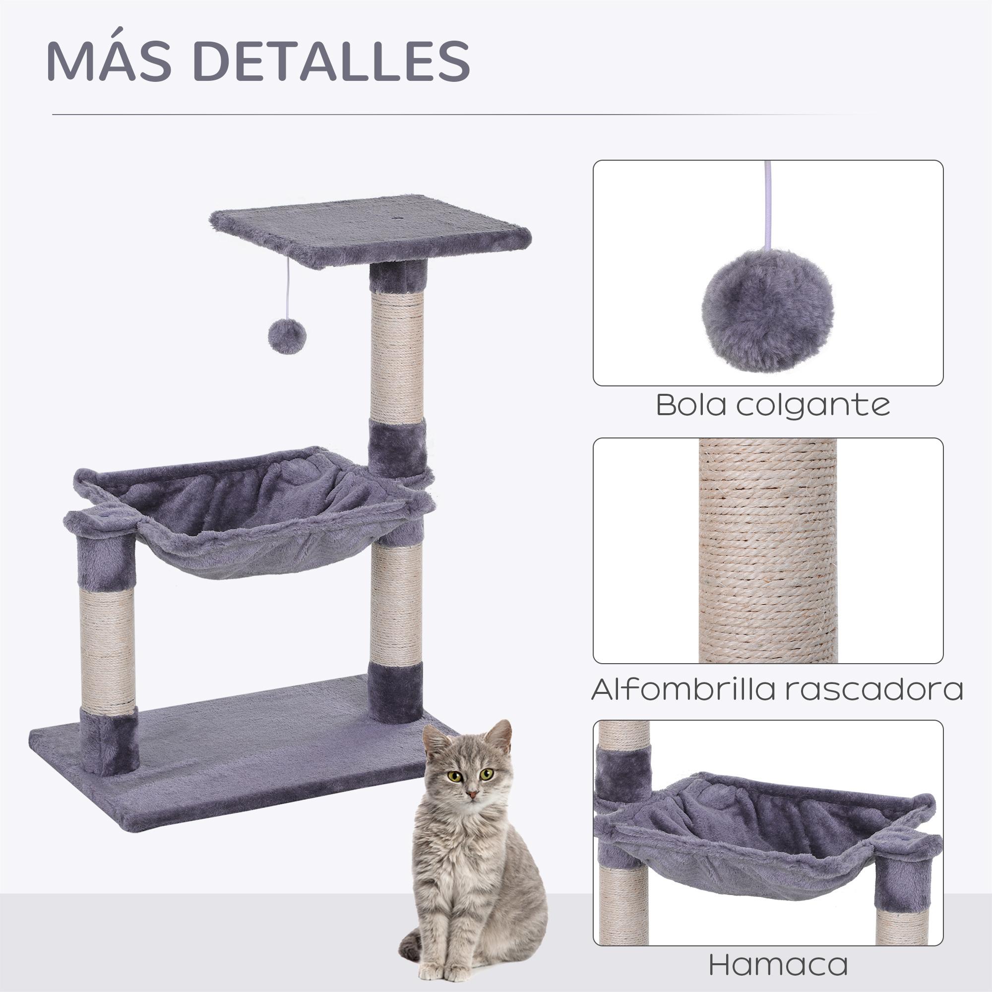 Árbol Rascador para Gatos Torre para Gatos 50x36x70 cm Centro de Actividad con Hamaca Plataforma Postes de Sisal y Bola Colgante Gris