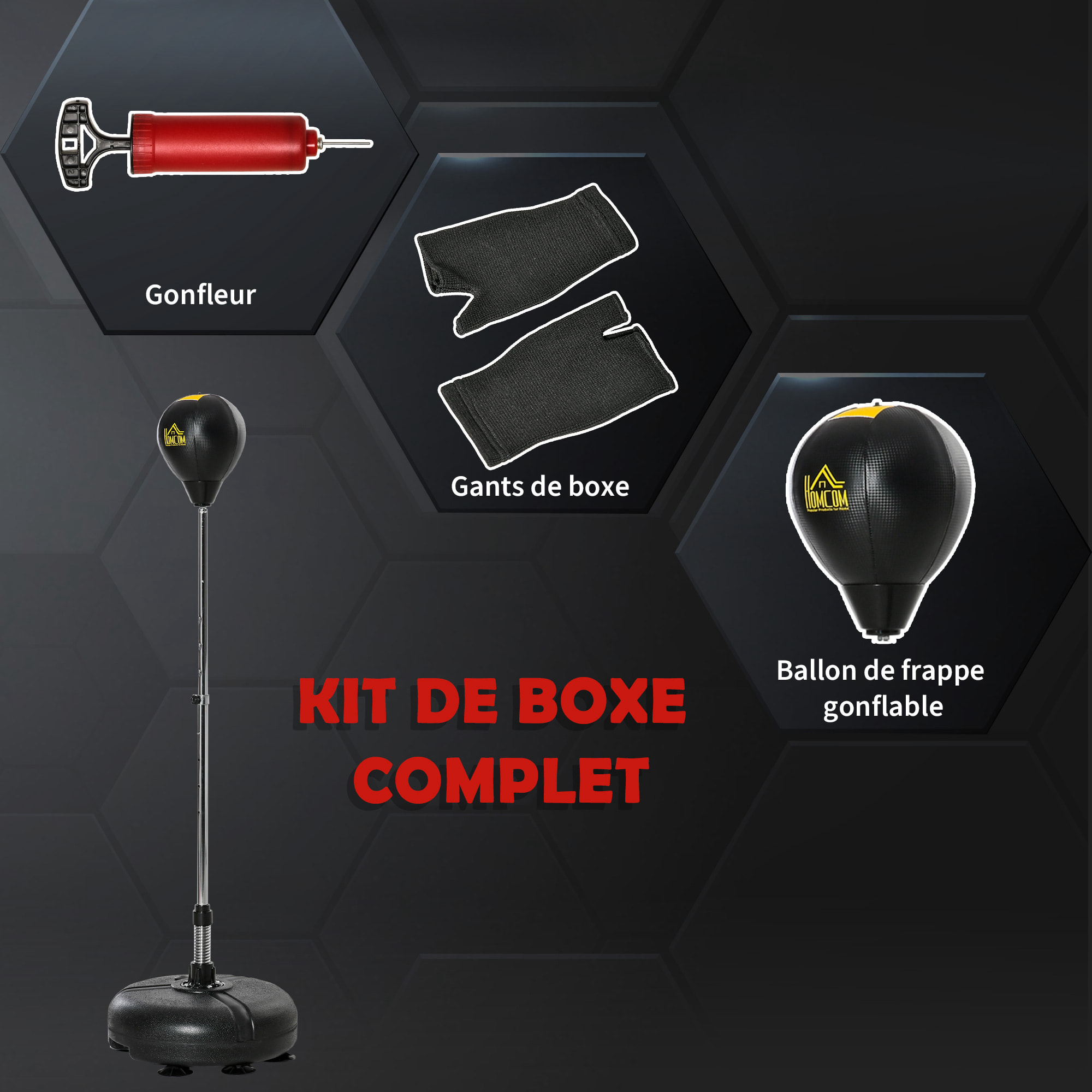 Punching ball sur pied hauteur réglable H.133 -151cm - ressort central, socle ventouses - accessoires - jaune noir