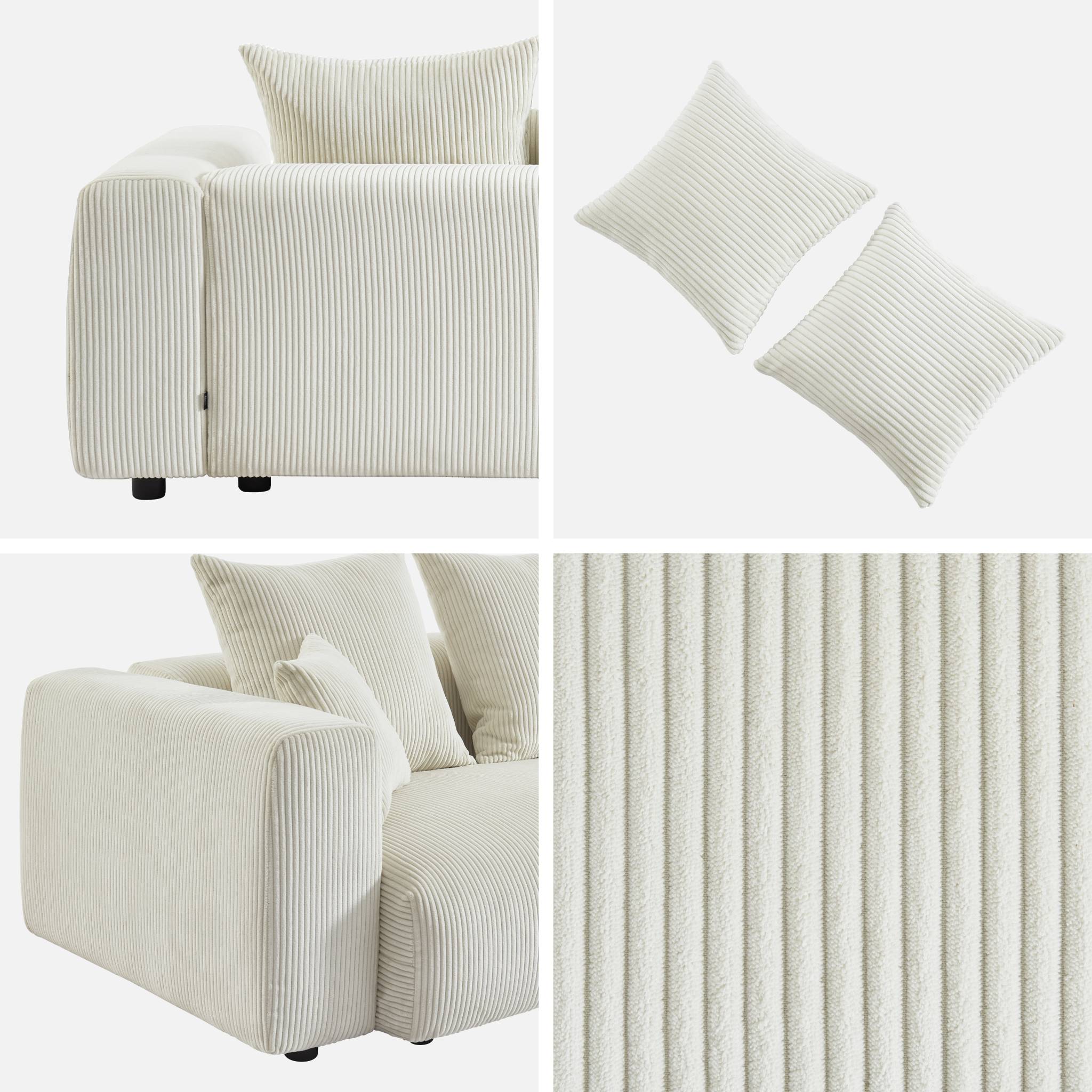 Canapé déhoussable 3 places en velours côtelé grosse côte crème avec pluie de coussins L 230 x P 97 x H 82cm - Pillow