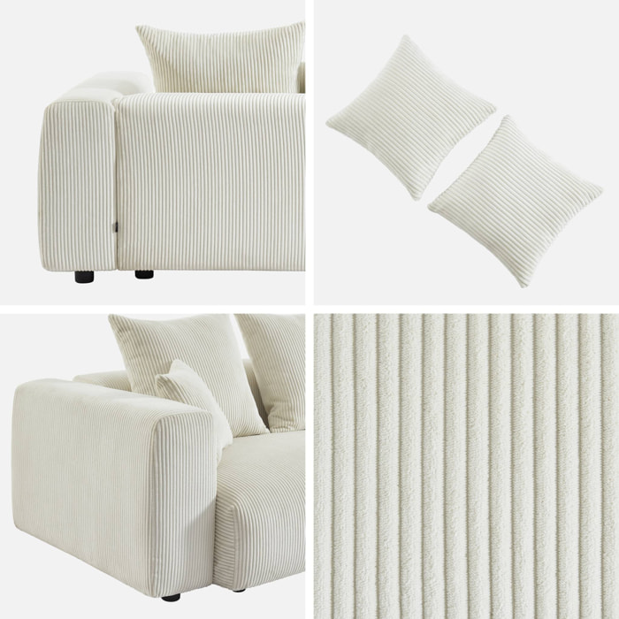 Canapé déhoussable 3 places en velours côtelé grosse côte crème avec pluie de coussins L 230 x P 97 x H 82cm - Pillow