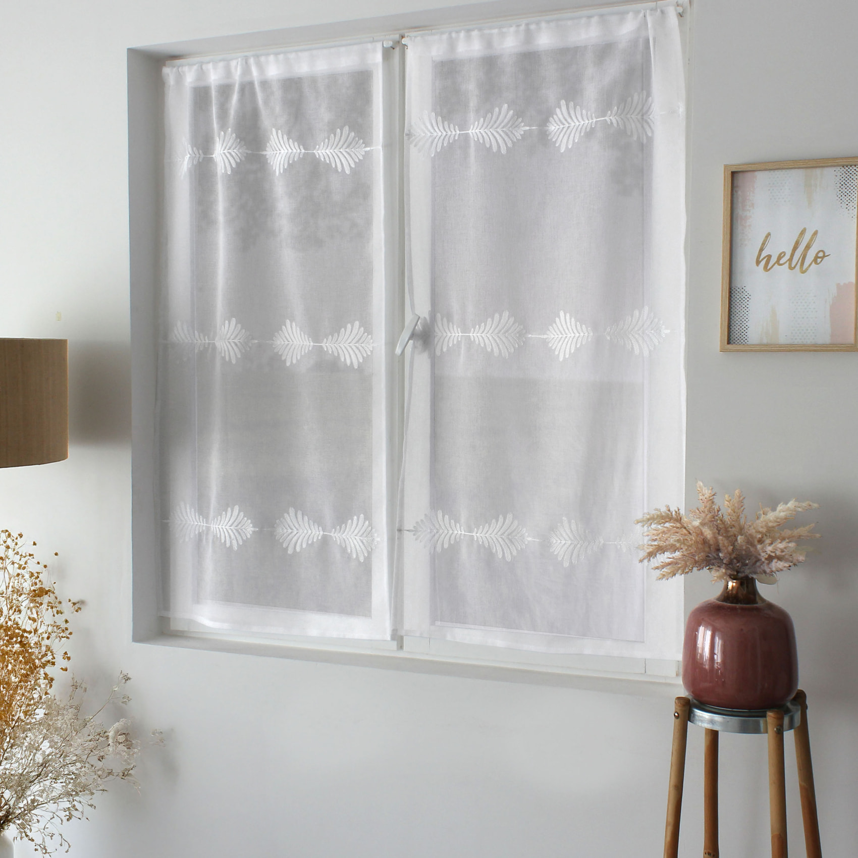 Paire de petits vitrages brodés feuillage - Blanc