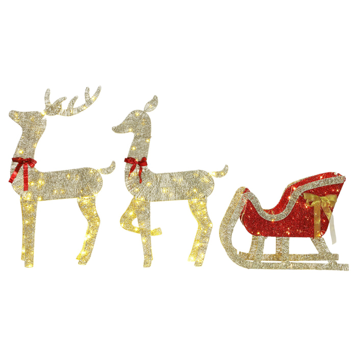 Outsunny Reno de Navidad Exterior con Trineo 3D de 3 Piezas, Decoración Navidad Iluminado con 200 Luces LED Blanco Cálido, 8 Modos y Temporizador, Reno Grande de 123 cm, para Interiores, Exteriores