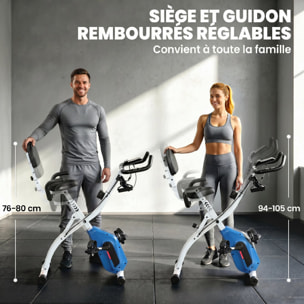 Vélo d'appartement pliable 3-en-1 classique semi-allongé bandes de résistance bleu