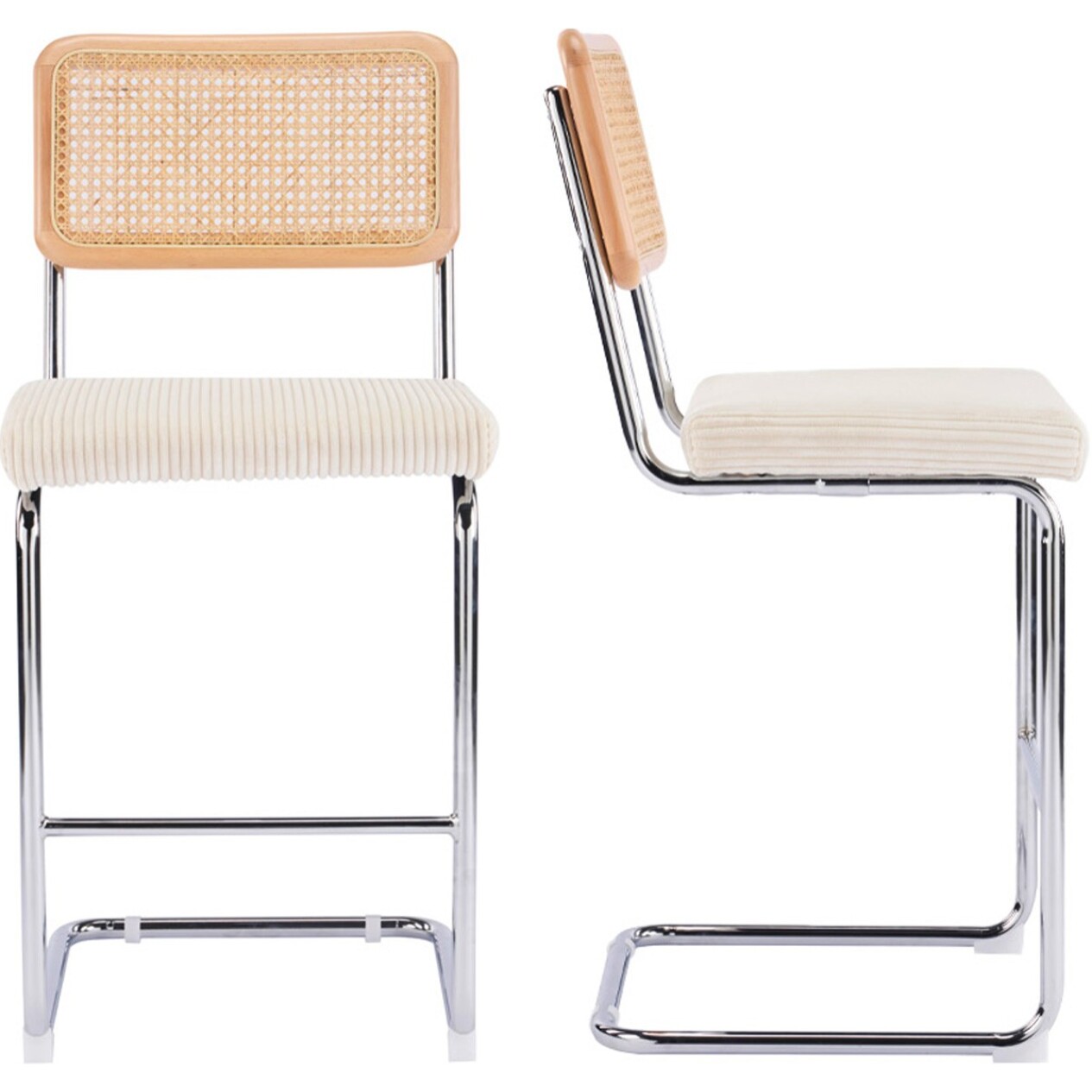Lot de 2 tabourets de bar en cannage et velours côtelé - MUSE