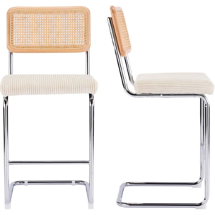 Lot de 2 tabourets de bar en cannage et velours côtelé - MUSE