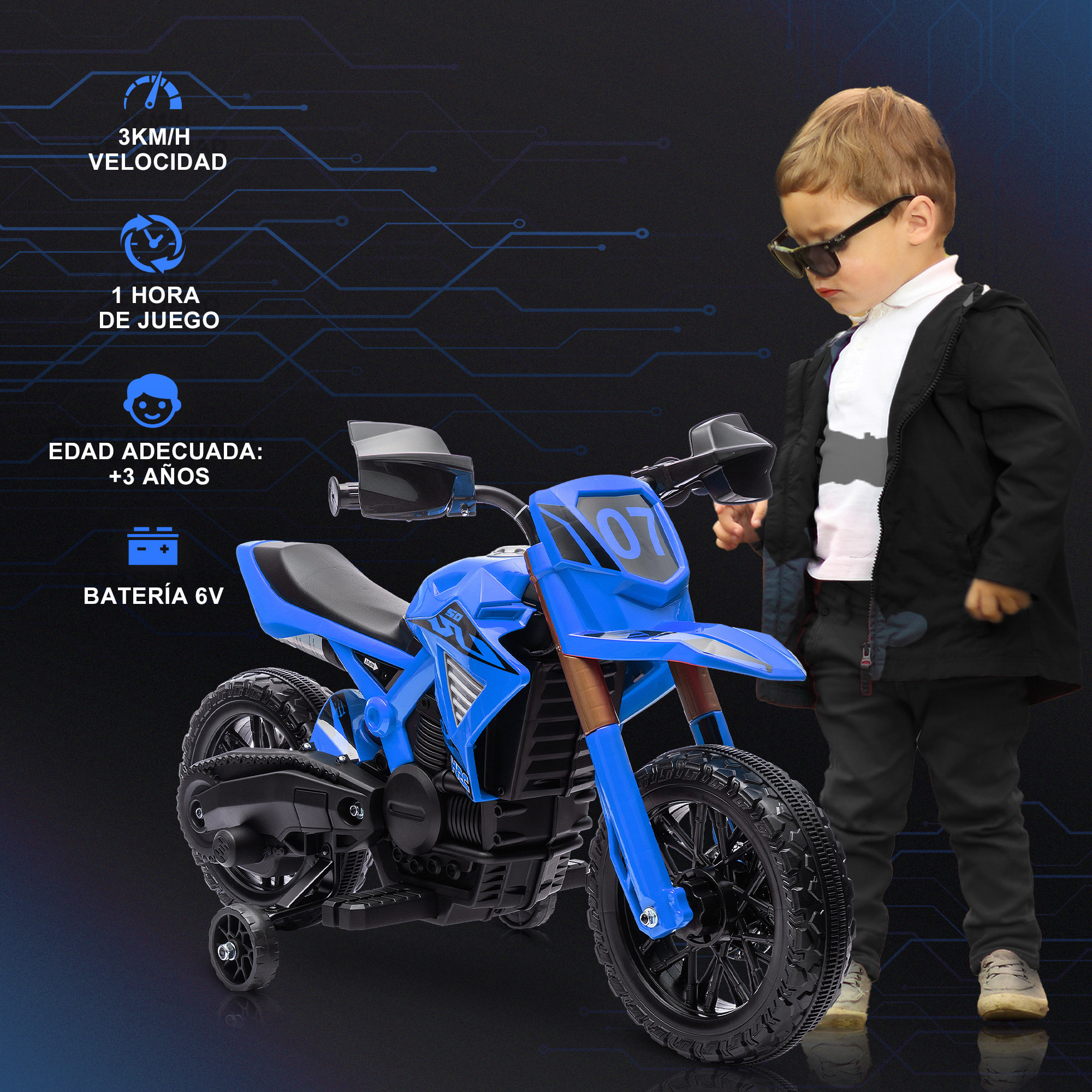 Moto Eléctrica para Niños de +3 Años Moto de Batería 12V para Niños con Ruedas de Entrenamiento Acelerador en Puño y Bocina Carga 30 kg Azul
