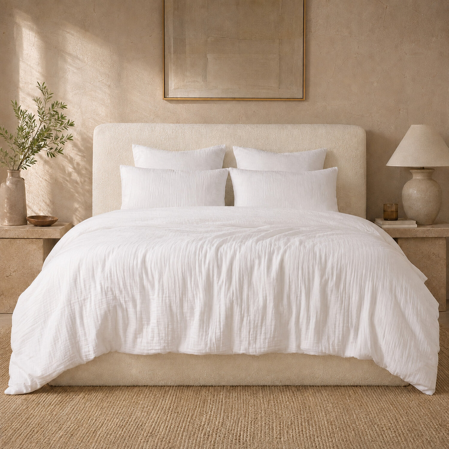 Parure housse de couette unie 100% gaze de coton - ava - blanc pur