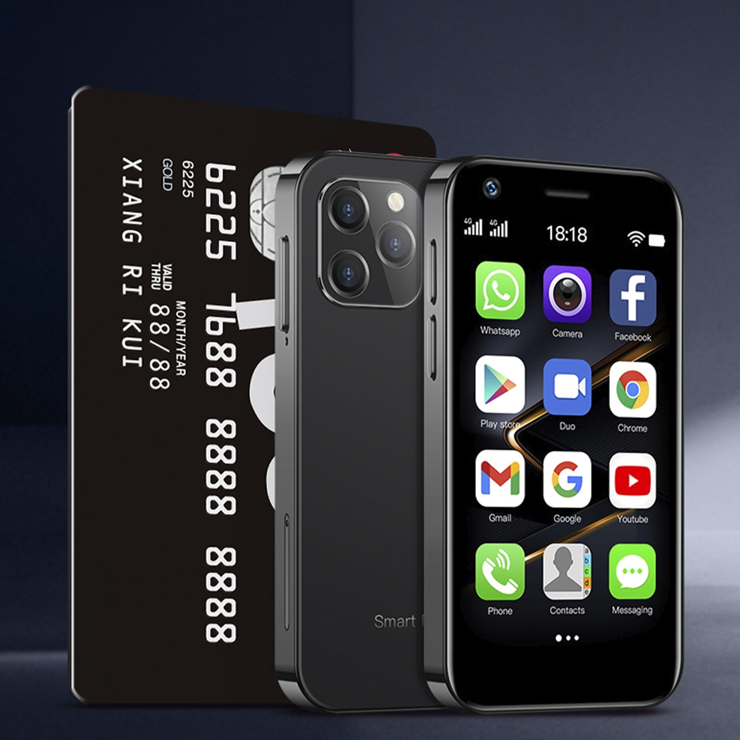 DAM Smartphone  Mini XS12 4G, Android, 4GB RAM + 64GB. Schermo da 3''. Doppia scheda SIM. 4,5x1,1x8,9 cm. Colore nero