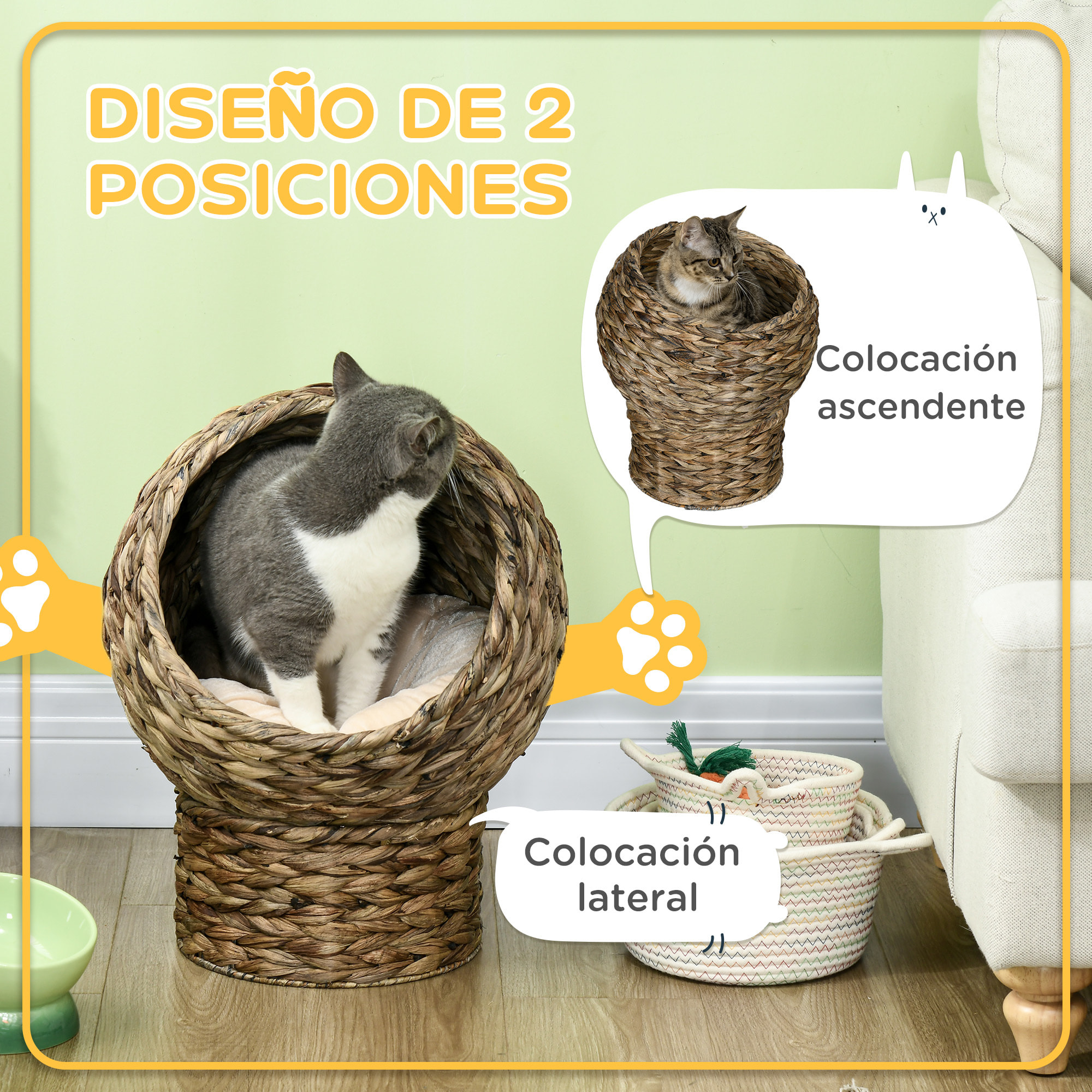 Cama para Gatos de Mimbre Cueva para Gatos Desmontable con Cojín Extraíble 42x33x52 cm Marrón Oscuro y Beige