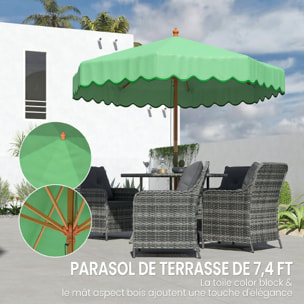 Parasol de jardin - parasol terrasse  rond avec volants rétro chic aspect bois protection UV -230 cm - vert clair