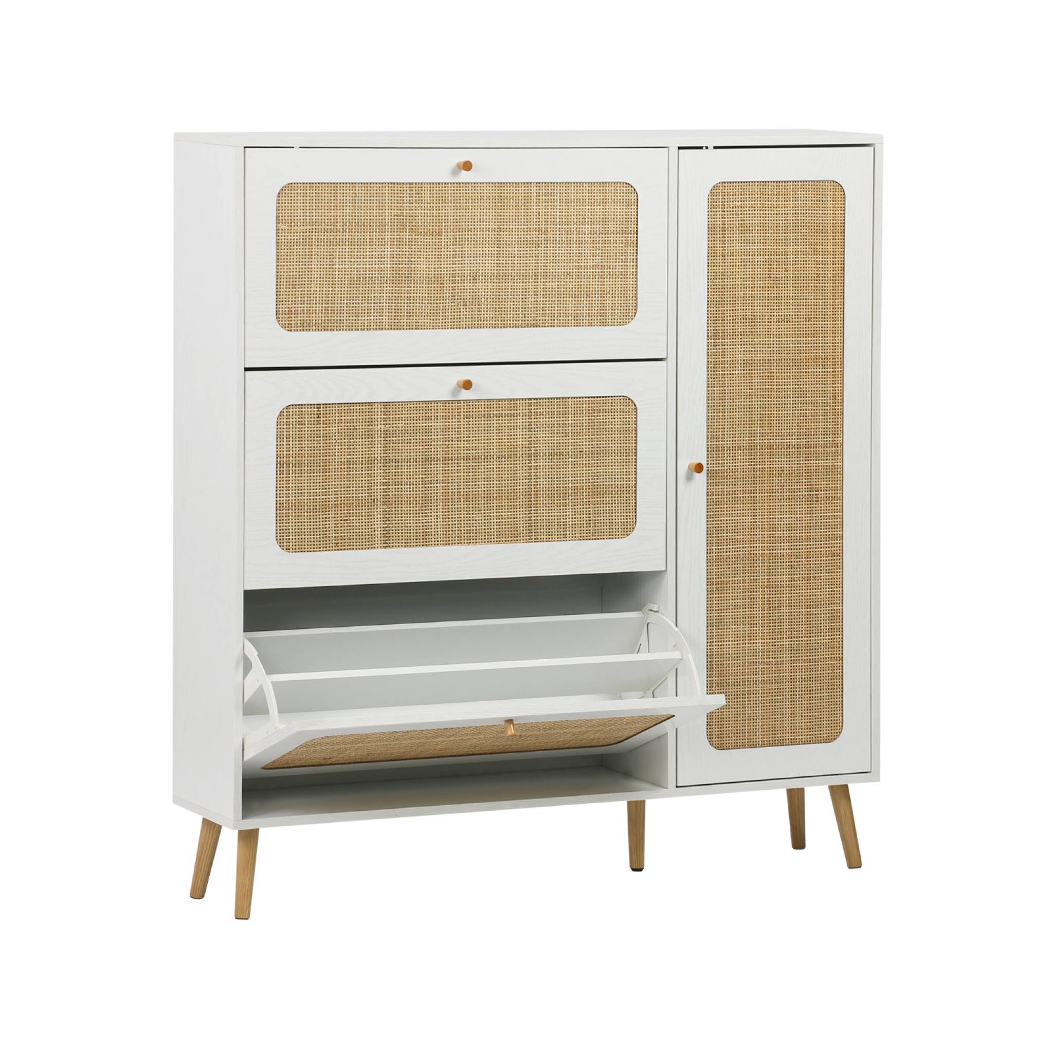 Meuble à chaussure cannage Bohème blanc. 3 tiroirs. 1 porte. 21 paires. 120 x 24 x 125 cm