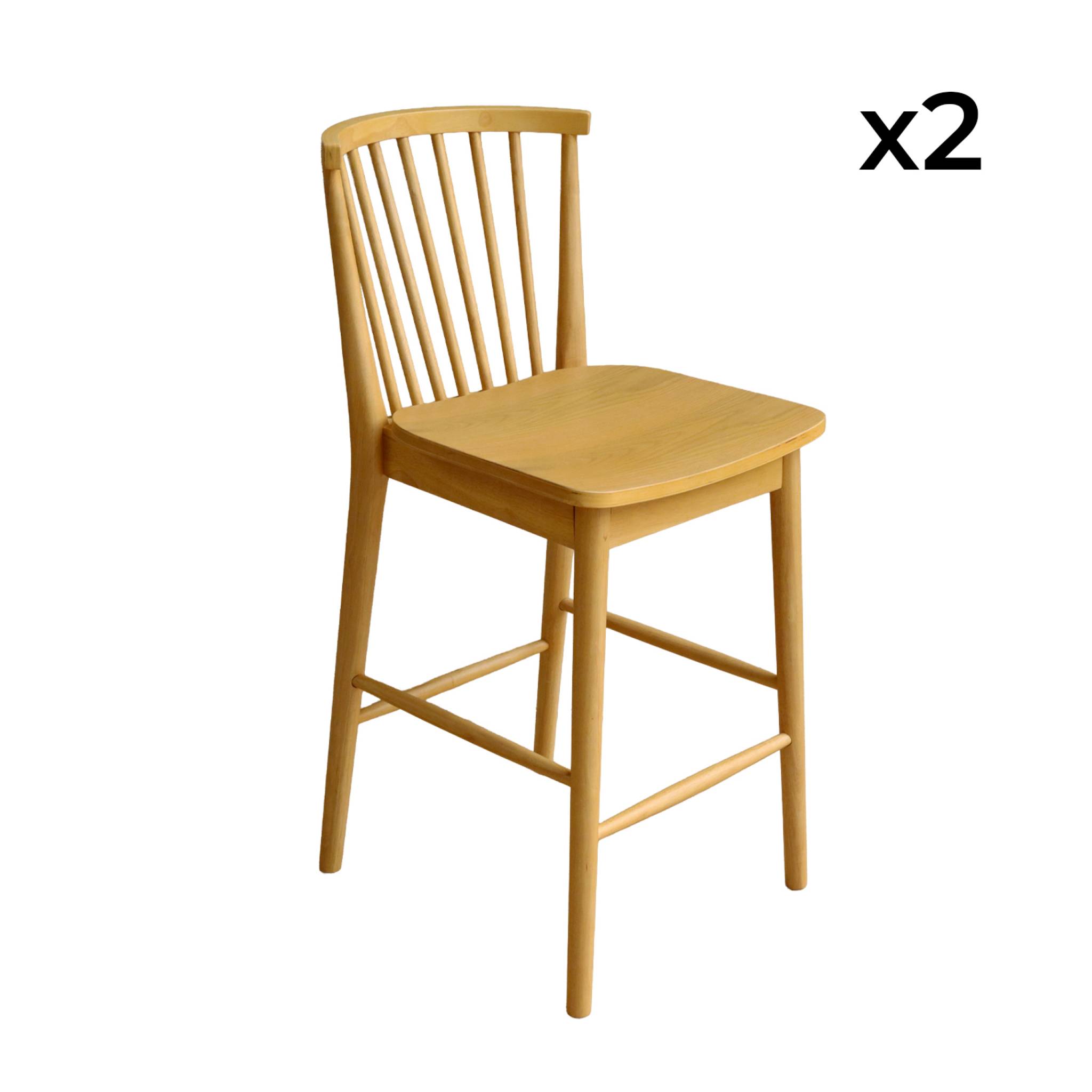 Lot de 2 tabourets de bar à barreaux bois d'hévéa et contreplaqué naturel - 48 x 58 x 98.5 cm - Paula