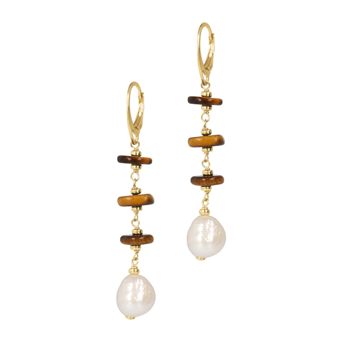 PERLAVIVA - Orecchini Pendenti in Argento 925 placcato Rodio con Occhio di Tigre e Perle Ming Bianche d'Acqua Dolce Ø 11/12 mm