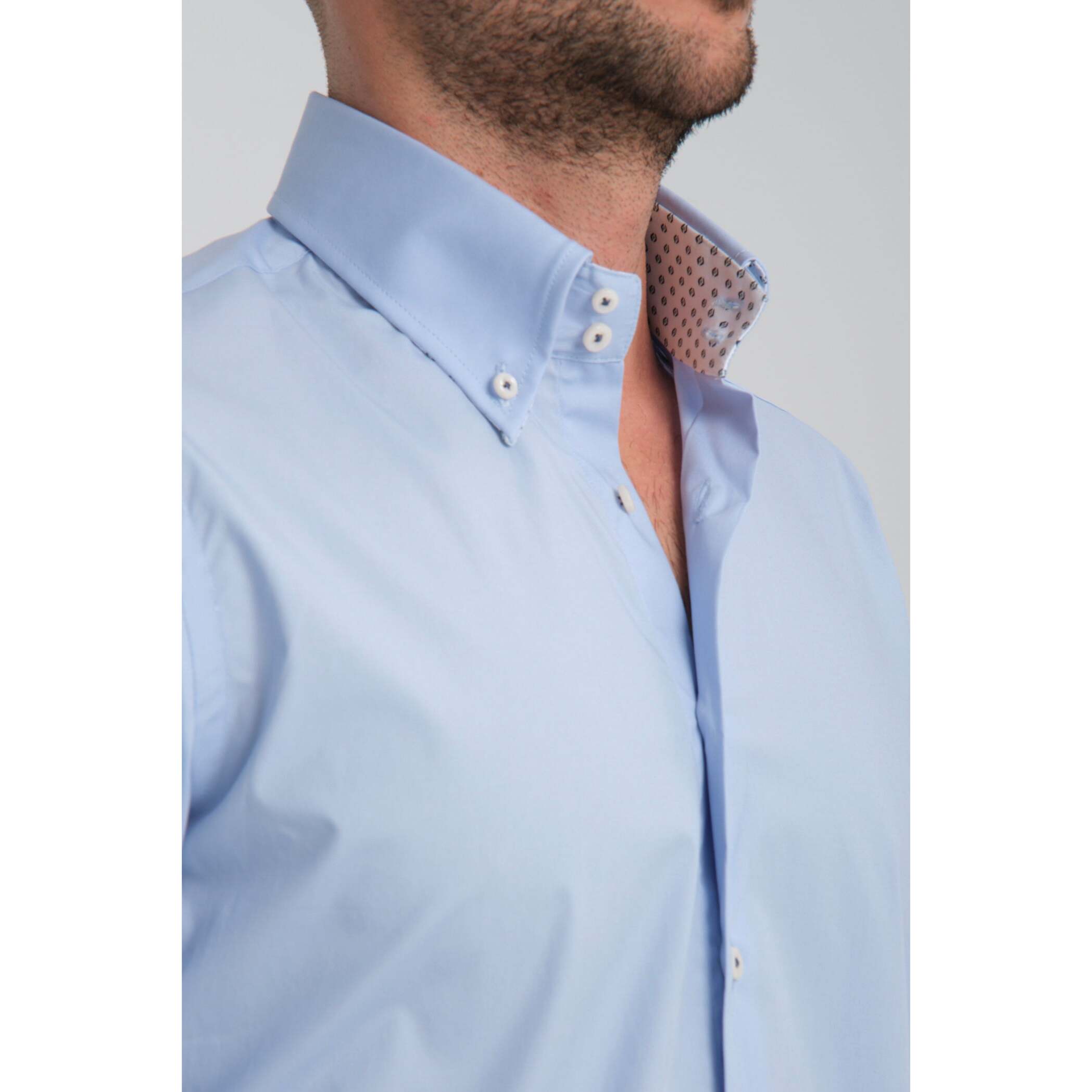 Camicia Uomo 2 Bottoni Button Down Slim Popeline Stretch Unito Celeste
