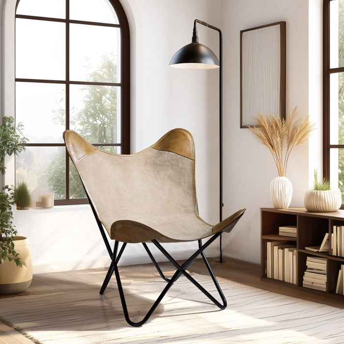 MARCEL - Chaise butterfly en toile et cuir